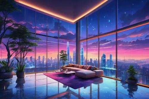 sky apartment,sleeping room,futuristic landscape,modern room,bedroom window,bedroom,sky space concept,electrohome,dreamscape,windows wallpaper,dreamhouse,3d background,great room,dreamscapes,bedrooms,escapism,dreamland,dream world,dream art,luxe,Illustration,Japanese style,Japanese Style 03