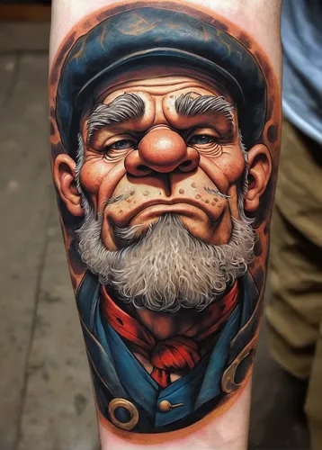 Transform Popeye into a realistic portrait tattoo, showcasing his rugged charm and unwavering determination.,popeye,geppetto,forearm,on the arm,uncle sam,tattoo artist,pinocchio,popeye village,gnome,u