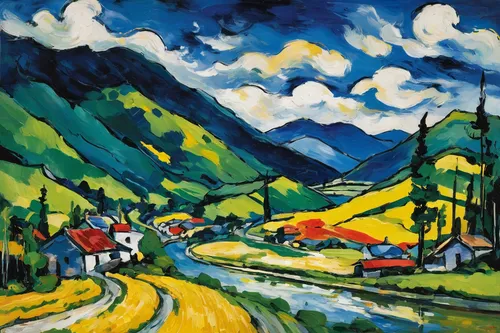 david bates,rural landscape,village scene,lauterbrunnen,khokhloma painting,rigi,mountain scene,farm landscape,alpine village,landscape,tatra,mountain village,mountain road,triberg,vorarlberg,rigi kaltbad,braque d'auvergne,alpine pastures,slovak tatras,ilse valley,Art,Artistic Painting,Artistic Painting 37