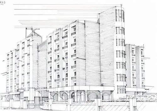 an architectural rendering of the building with a car passing by,sketchup,residencial,habitaciones,edificio,multistorey,revit,Design Sketch,Design Sketch,Hand-drawn Line Art