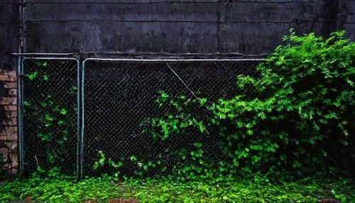 Abandoned, eerie, haunted, condemned, old, broken, worn-out, crumbling, dilapidated, rusty, chain-link fence, overgrown with weeds, vines crawling up walls, shattered windows, crooked doors, peeling p