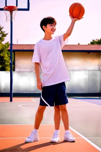 Moon Ong, Shota, solo, (14yo), innocent eyes, gentle smile, short black hair, white shirt, dark blue shorts, sneakers, holding basketball, standing, athletic build, dynamic pose, bright sunny day, out