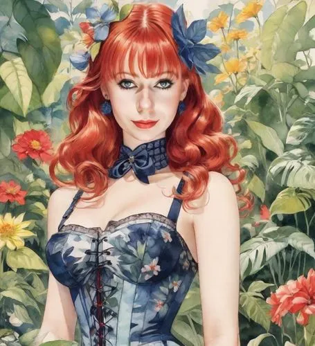 maureen o'hara - female,macniven,flower fairy,fantasy woman,titania,girl in flowers,Digital Art,Watercolor