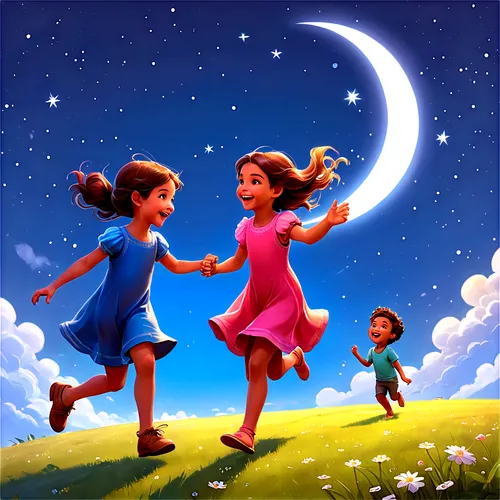 kids illustration,moonbeams,children's background,cute cartoon image,little angels,little girls,Illustration,Realistic Fantasy,Realistic Fantasy 01