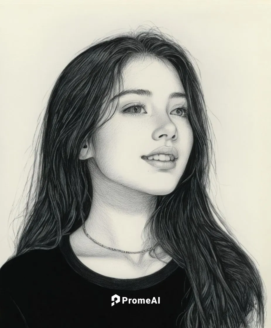 女孩，黑色衬衫，黑色长发，黑白,a pencil drawing of a ,girl portrait,charcoal pencil,pencil drawing,girl drawing,graphite,kreuk,portrait of a girl,charcoal drawing,zhulin,lotus art drawing,artist portrait,pencil and 