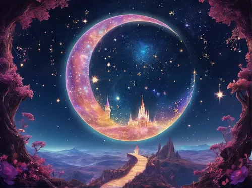 crescent moon,moon and star background,hanging moon,fantasy picture,fantasy landscape,fairy galaxy,dream world,fantasia,fairy world,stars and moon,moon and star,phase of the moon,the moon and the stars,fantasy world,herfstanemoon,starscape,valley of the moon,the mystical path,heaven gate,lunar,Illustration,Realistic Fantasy,Realistic Fantasy 02