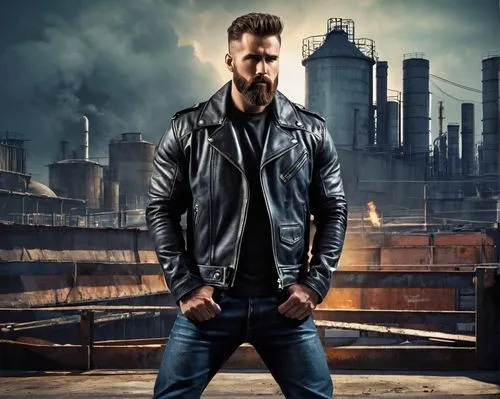 leather jacket,steelworker,leather,biker,digital compositing,pollux,action hero,enforcer,power icon,daemon,skillet,jacket,blue-collar worker,social,portrait background,motorcyclist,lincoln blackwood,black leather,main character,bolero jacket,Unique,Design,Logo Design