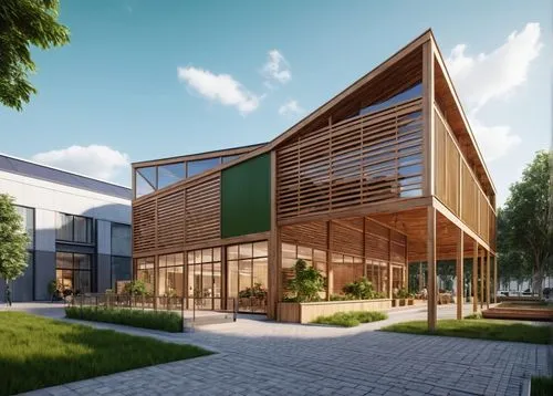 IMPROVE THE RENDERING WITH A COMMERCIAL MARKET STYLE WITH WOOD TEXTURES AND PUT VEGETATION IN GREEN AREAS THAT NEED IT AND PEOPLE TRANSIT,cohousing,passivhaus,school design,revit,new housing developme