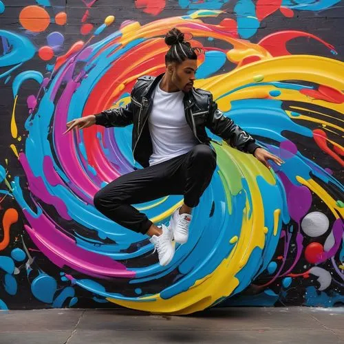 A captivating 8k hyper-realistic oil painting, seamlessly blending the world of unreal engine 3D animation, portrays a radiant break dancer adorned in neon-hued attire, executing acrobatic and exubera