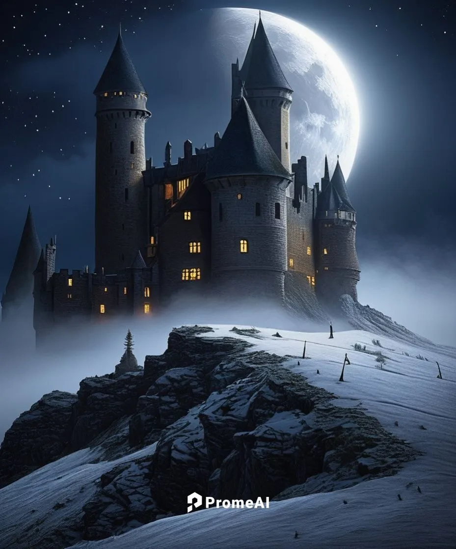 Medieval Castle in the middle of the moon,hogwarts,fairy tale castle,fantasy picture,castle of the corvin,ghost castle,fairytale castle,haunted castle,dracula castle,castles,castel,knight's castle,cas