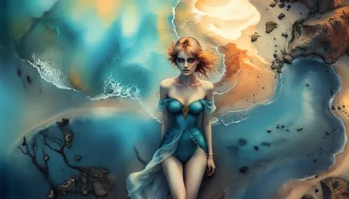 a girl is sitting on a beach in the water,fathom,naiad,amphitrite,nami,naiads,blue enchantress,Illustration,Realistic Fantasy,Realistic Fantasy 15