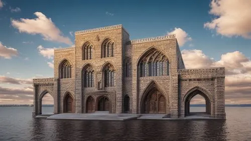 sunken church,3d rendering,byzantine architecture,elphi,romanesque,water castle,gothic architecture,render,the hassan ii mosque,medieval architecture,nidaros cathedral,islamic architectural,island chu