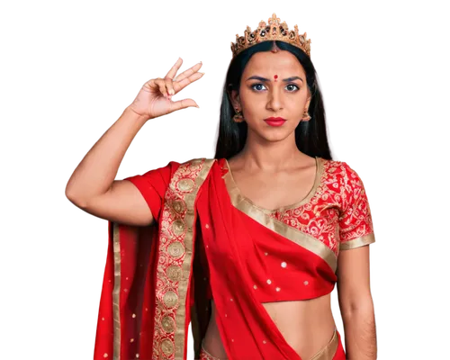 Durga Ji, Indian goddess, golden crown, red vermilion mark, nose ring, bold eyebrows, intricate henna design on hands, traditional red saree, golden jewelry, majestic pose, powerful expression, soft f