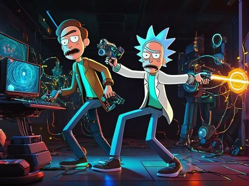 Rick Sanchez, Morty Smith, sci-fi, futuristic, lab setting, portal gun, gadgets, machinery, wires, neon lights, dark background, intense facial expressions, dynamic poses, leather jacket, white shirt,