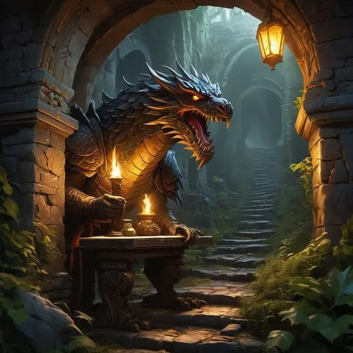 fantasy picture,fantasy art,dragon bridge,forest dragon,kobold,game illustration,basilisk,fantasy portrait,the threshold of the house,painted dragon,draconic,rotglühender poker,hall of the fallen,vidraru,dragon li,kadala,cynorhodon,cg artwork,wyrm,wishing well,Illustration,Realistic Fantasy,Realistic Fantasy 24