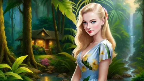 Romantic masterpiece oil painting, beautiful girl portrait, nostalgic 1950's style kitsch, vibrant rainforest landscape, lush tropical jungle paradise, beautiful natural scenery, lost wilderness cotta