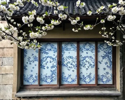 japanese floral background,blue and white china,blue and white porcelain,floral japanese,junshan yinzhen,window with shutters,blue birds and blossom,blue doors,plum blossoms,window front,window valance,suzhou,old windows,chinese screen,shop-window,french windows,front window,row of windows,garden door,shop window,Illustration,Realistic Fantasy,Realistic Fantasy 36