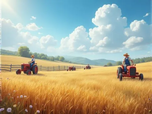 Rustic farmland scenery, golden wheat fields, blue sky with fluffy white clouds, old wooden fences, vintage tractors, farmers in overalls and straw hats, earthy tones, natural textures, warm sunlight,