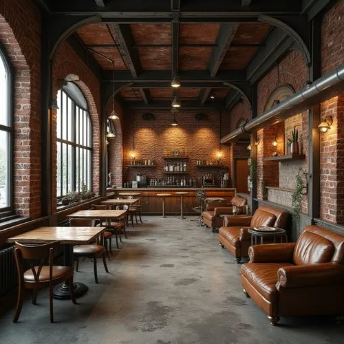 Rustic industrial setting, exposed brick walls, metallic accents, reclaimed wood furniture, durable concrete floors, weathered steel beams, distressed leather upholstery, vintage machinery parts, eart