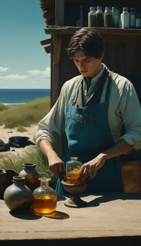 In a small coastal village, a young apothecary uncovers a forgotten recipe for a potion that can break a powerful curse.,dutch oven,cookery,digital compositing,newt,pouring tea,the pan,dwarf cookin,pa