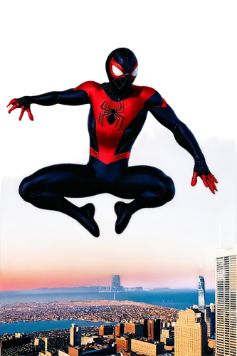 Black Spider-Man, muscular male, solo, (25yo), detailed facial features, short black hair, red eyes, black full-body Spidey suit, web shooters, dynamic pose, jumping, city skyscraper background, sunse