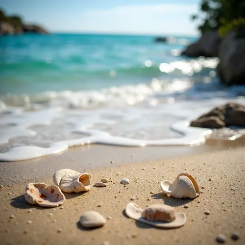 Warm sandy shores, crystal-clear turquoise waters, seashell fragments, driftwood textures, ocean breeze, sunny day, soft warm lighting, shallow depth of field, 3/4 composition, panoramic view, realist