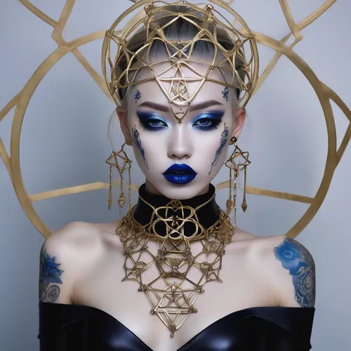 sacred geometry,headpiece,priestess,blue enchantress,gold crown,symmetrical,gothic fashion,gold mask,filigree,dark blue and gold,seven sorrows,gold jewelry,geometric,gold foil crown,jewelry（architecture）,body jewelry,zodiac sign libra,headdress,queen crown,geometric style,Photography,Fashion Photography,Fashion Photography 06