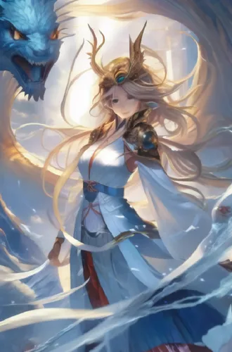 A young women stares as her pet dragons blows fire,an artistic painting of a girl with a wolf and a demon,belldandy,charlotta,siero,cagli,ninian,tiamat