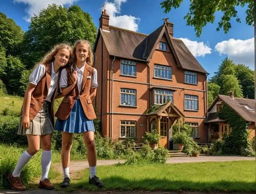 Englische Jugend,two girls in school uniforms standing outside their home,estate agent,elizabethan manor house,houses clipart,dandelion hall,dollhouse,gables,Photography,General,Realistic