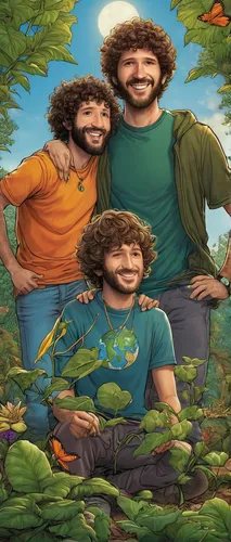 Write a heartfelt story about Lil Dicky bonding with nature and spreading love to save the Earth.,pam trees,fat plants,the trees,apple mountain,cartoon forest,grass family,dwarves,ice plant family,kal