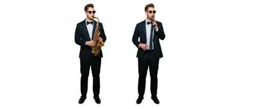 Jazz musician, male, solo, (30yo), slicked back hair, black suit, white shirt, black tie, sunglasses, holding saxophone, standing, smoky atmosphere, dim lighting, 3/4 composition, warm color tone, cin