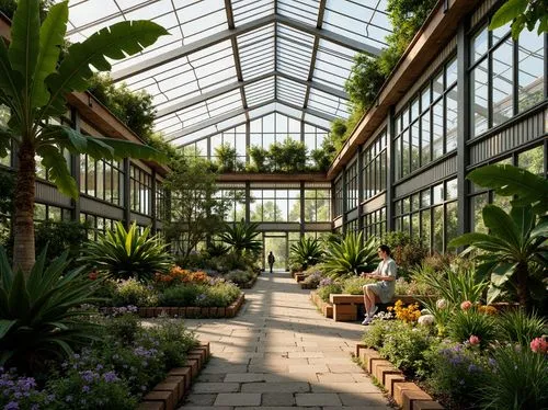 Tropical greenhouse interior, lush vegetation, exotic flowers, natural stone pathways, wooden planters, misting systems, climate control, solar-powered ventilation, abundant natural lighting, skylight