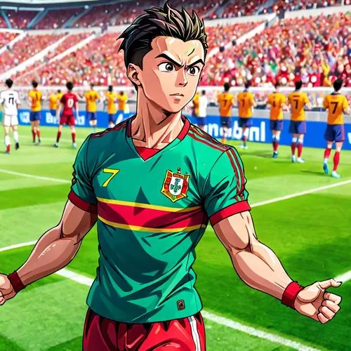 Cristiano Ronaldo, camisa sete da seleção de Portugal, tipo dragon ball z, em forma de anime, músculos, estilo Gohan, ao lado do super onze em um campo de futebol, comemorando um gol com sua comemoraç