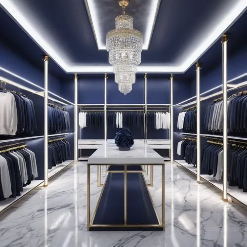 walk-in closet,closet,wardrobe,dressing room,navy,boutique,women's closet,shop fittings,luxury items,showroom,luxury accessories,interior design,gold bar shop,navy blue,luxury bathroom,dark blue and gold,versace,luxurious,luxury,dress shop,Photography,General,Realistic