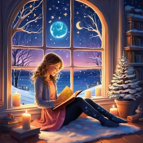 winter night,winter magic,winter background,winter dream,girl studying,christmas snowy background,relaxing reading,christmas messenger,winter window,book wallpaper,reading,sogni,little girl reading,lectura,christmas scene,silent night,christmas wallpaper,snow drawing,christmas landscape,magic book,Illustration,Abstract Fantasy,Abstract Fantasy 13