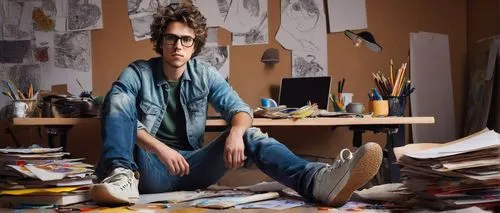 Fabulous creator, young adult male, messy hair, thick-framed glasses, casual wear, ripped jeans, sneakers, relaxed posture, leaning against a modern minimalist desk, surrounded by papers, pencils, and