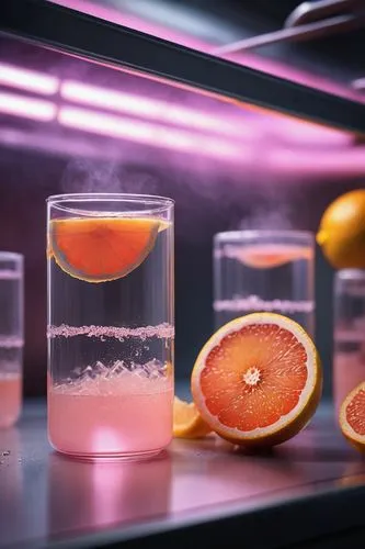 Stable diffusion, futuristic laboratory, sci-fi atmosphere, metallic equipment, glass containers, experiment setup, grapefruit slices, pinkish-yellow flesh, juicy pulp, citrus aroma, misty fog, softbo