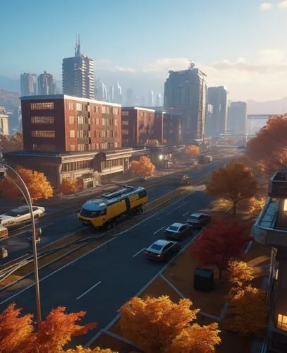 a yellow and black train cars trees and buildings,auraria,one autumn afternoon,autumn morning,city highway,autumn sunshine,autumn day,autumn scenery,megapolis,cityview,autumn light,autumn sun,overpass