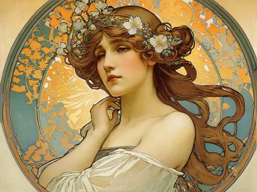 mucha,art nouveau,alfons mucha,art nouveau design,girl in a wreath,art nouveau frame,art nouveau frames,golden wreath,flora,laurel wreath,wreath of flowers,orange blossom,floral wreath,girl in flowers,spring crown,blooming wreath,art deco woman,artemisia,jasmine blossom,rusalka,Illustration,Retro,Retro 03