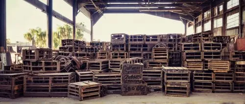 Industrial architectural salvage yard, Los Angeles, sunny afternoon, worn wooden crates, rusted metal scraps, old brick walls, distressed concrete floors, vintage construction signs, eclectic mix of s