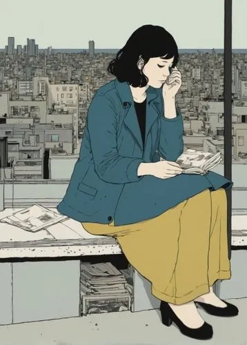 a woman on a cellphone sitting on top of a roof,satrapi,farrokhzad,davachi,nodame,mari makinami,tatsuro,woman sitting,phonogram,kiarostami,fujimoto,ozu,parisiennes,ukiyoe,karoshi,vivre,depressed woman