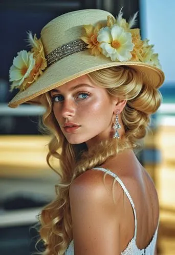 the woman with long hair is wearing a hat,womans seaside hat,beautiful bonnet,ladies hat,yellow sun hat,ginta,straw hat,Photography,General,Realistic