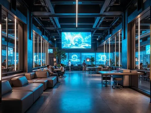 Futuristic interior, high-tech style, sleek metal accents, minimalist decor, polished concrete floors, glass partitions, neon lighting, holographic displays, virtual reality zones, ergonomic workstati