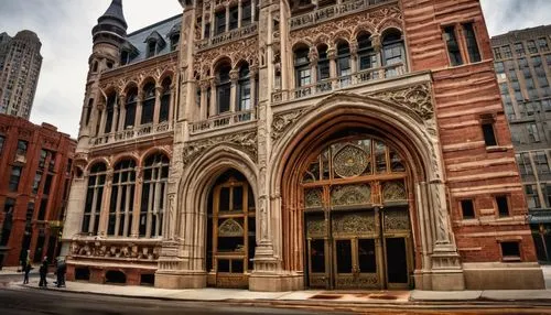 Chicago-style skyscraper, Gothic Revival-inspired building, intricate stonework, ornate carvings, grand entrance, rusticated base, arched windows, terra cotta details, copper accents, ornamental ironw