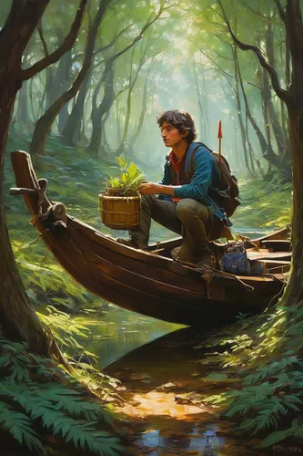 dugout canoe,fishing float,fisherman,version john the fisherman,boat landscape,canoe,canoeing,perched on a log,raft guide,wooden boat,rowboat,little boat,picnic boat,long-tail boat,row boat,fishing camping,woodsman,jon boat,fishermen,adrift,Conceptual Art,Fantasy,Fantasy 15