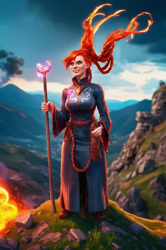 A young red-haired magician woman with a hair braided on a hill,flame spirit,fire master,fire siren,fire background,fire angel,fire-eater,fire artist,fire poi,fire dancer,flame of fire,fire heart,fire