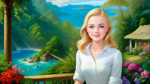 Romantic masterpiece oil painting, beautiful girl portrait, nostalgic 1950's style kitsch, vibrant rainforest,  mountaintop cottage landscape, lush tropical jungle paradise, summer beach scenery, by T