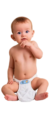 Baby, diaper, solo, white diaper with cartoon patterns, soft fabric texture, gentle folds, tiny hands holding diaper, sitting pose, innocent expression, big round eyes, rosy cheeks, 3/4 composition, s