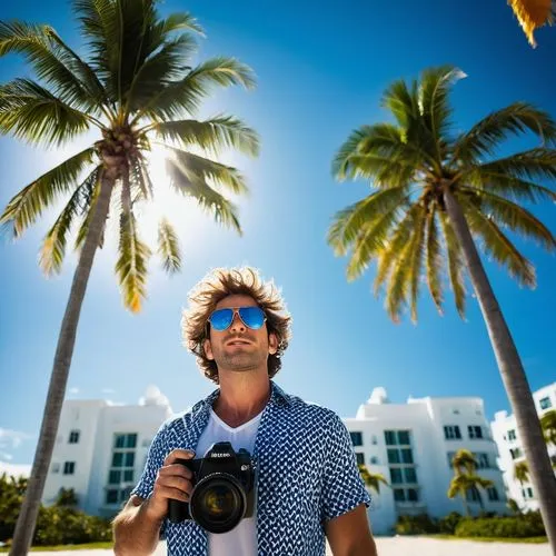 Miami architectural photographer, male, 35yo, casual outfit, sunglasses, messy hair, holding DSLR camera, standing, Miami beach, art deco building, palm trees, bright blue sky, sun flare, low angle sh