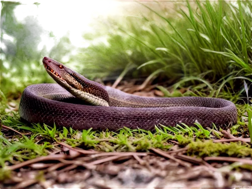 Rattus norvegicus, serpent, coiled body, scaly skin, beady eyes, sharp teeth, hissing sound, hunting pose, forest floor, dark brown fur, green grass, morning sunlight, 3/4 composition, shallow depth o